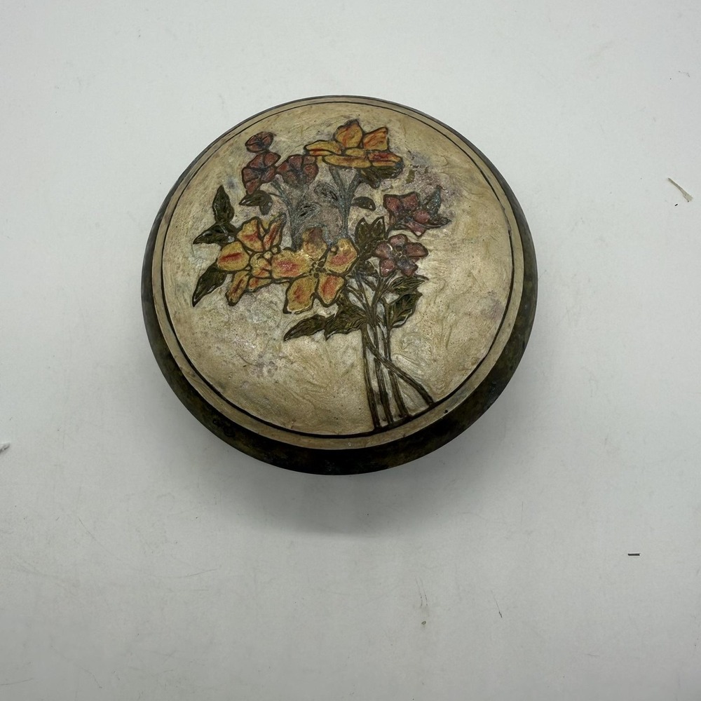 Vintage Solid Brass Round Trinket Box Hand Painted Floral Flowers Lid Made India